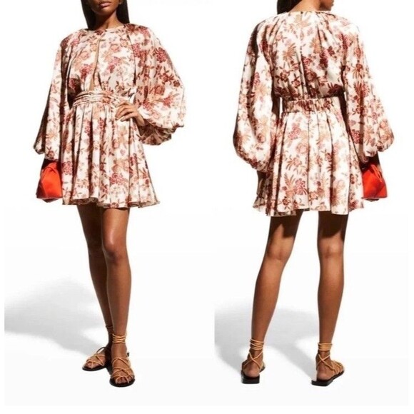 Misa Los Angeles Kara Dress Falling Floral Satin Mini Dress Sz S Ruched Cut-Out - Picture 2 of 16